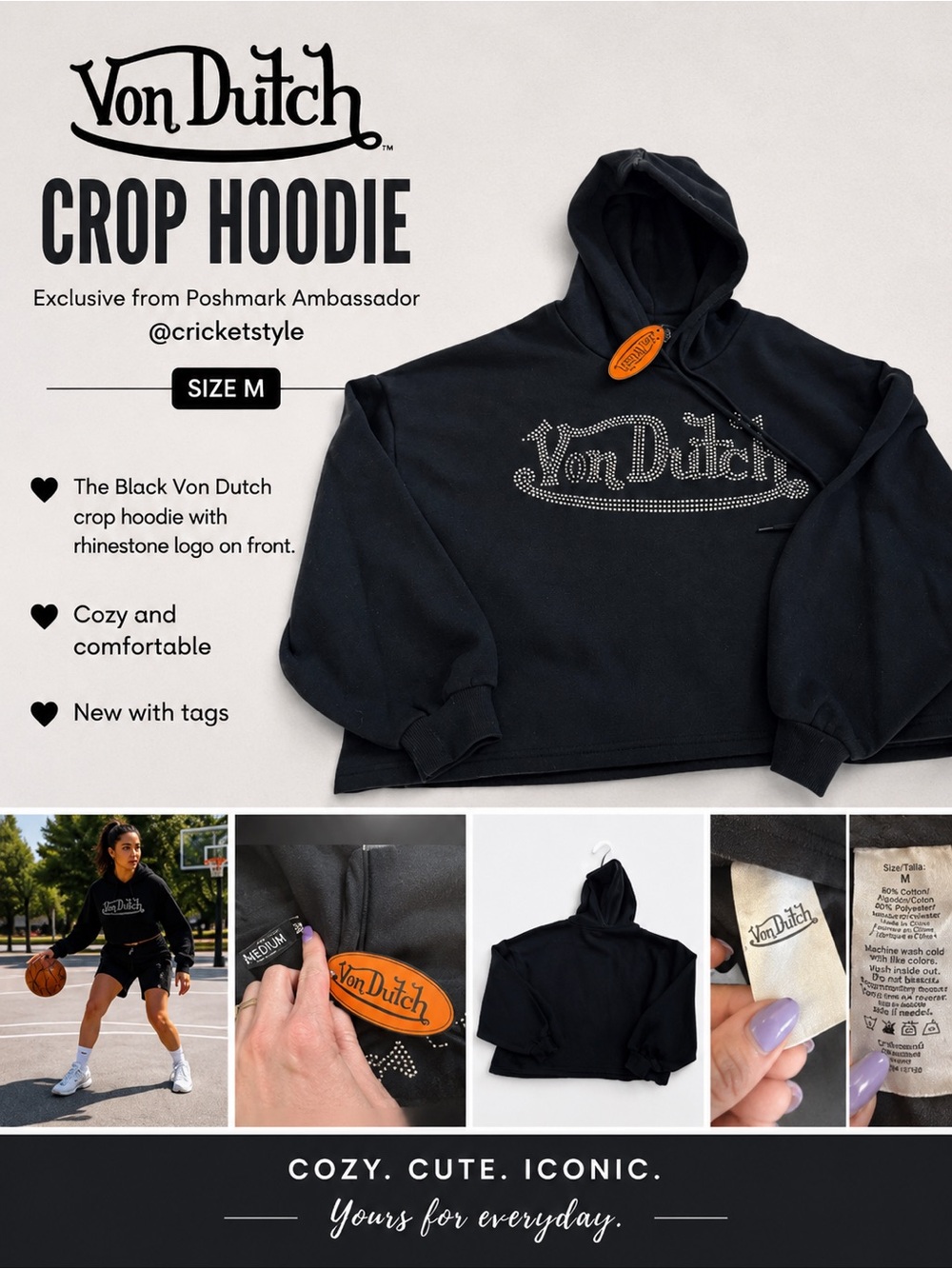 Von Dutch Black Rhinestone Crop Hoodie